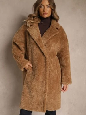 Brązowy Płaszcz Teddy o Dwurzędowym Kroju Oversize Azzena glo-story