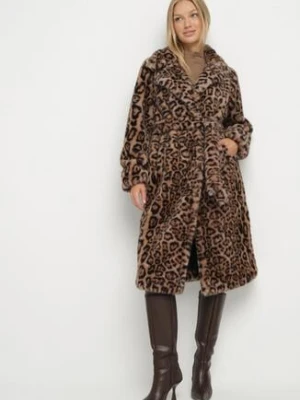 Brązowy Płaszcz w Panterkę Futerko Ozdobiony Paskiem Delmarea