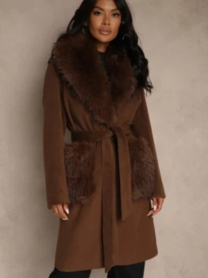 Brązowy Płaszcz z Futrzanym Kołnierzem Kieszeniami i Wiązanym Paskiem Perria papillon d'or
