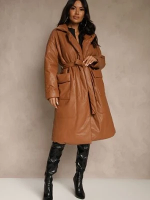 Brązowy Płaszcz z Imitacji Skóry z Wiązanym Paskiem Tosha ann gissy