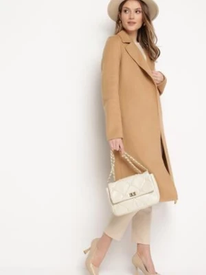 Brązowy Płaszcz Zapinany na Napy z Materiałowym Paskiem Piowenla