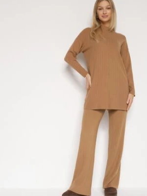 Brązowy Prążkowany Komplet Dzianinowy z Bawełną Sweter z Półgolfem i Spodnie Elweda