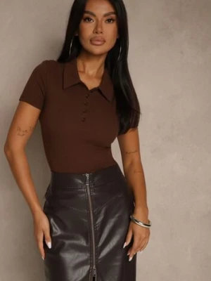 Brązowy Prążkowany T-shirt Polo z Bawełny Ozdobiony Guzikami Lilvivia elsa.m by may