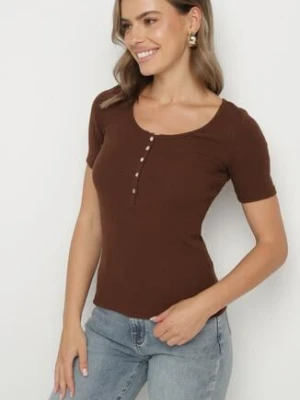 Brązowy Prążkowany T-shirt z Bawełny Ozdobiony Guzikami Tasavia elsa.m by may