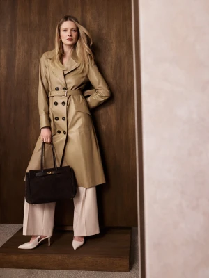 Brązowy skórzany dwurzędowy płaszcz TARANKO