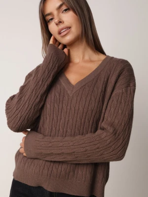 Brązowy Sweter o Krótkim Kroju z Warkoczowym Splotem Astiana Tandem