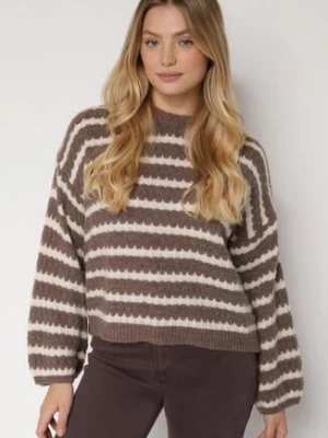 Brązowy Sweter Oversize z Wełną i Wiskozą o Luźnym Splocie w Paski Ternose jumelle