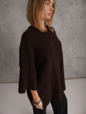 Brązowy Sweter Oversize z Wełną Szerokimi Rękawami i Długim Włosiem Veniorre Bisou's Project
