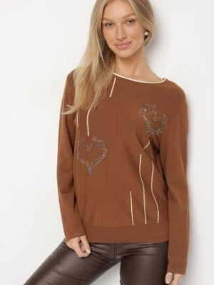 Brązowy Sweter Ozdobiony Sercami z Cyrkonii Unaressa glo-story