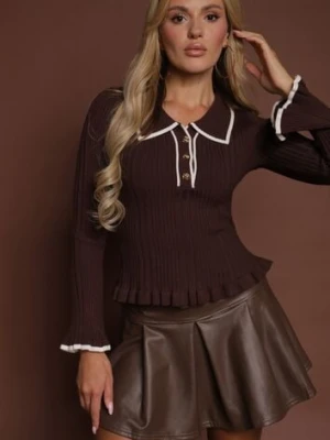 Zdjęcie produktu Brązowy Sweter Retro z Wiskozą Zdobiony Kołnierzykiem Falbankami i Guzikami Sirrise elsa.m by may