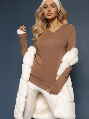 Brązowy Sweter w Klasycznym Stylu z Dekoltem w Serek Feliriel Miss Poem
