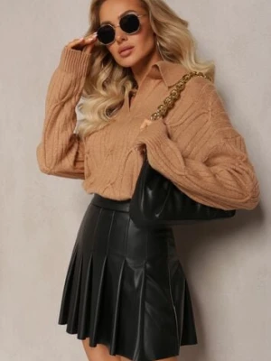 Brązowy Sweter z Dekoltem w Serek i Ozdobnym Splotem Travissa wool fashion