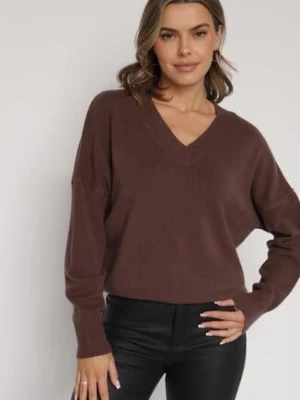 Brązowy Sweter z Dekoltem w V z Domieszką Kaszmiru Mariara