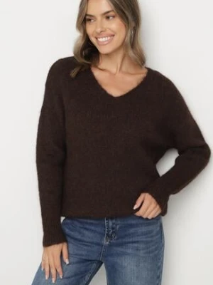 Brązowy Sweter z Dodatkiem Wełny i Dekoltem w Serek Estorea christy