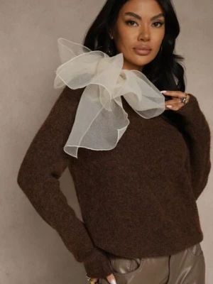 Brązowy Sweter z Dodatkiem Wełny Ozdobiony przy Szyi Wiązaniem Tusmele