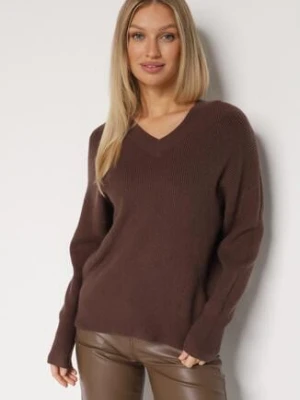 Brązowy Sweter z Domieszką Kaszmiru z Dekoltem w Serek Feralaine