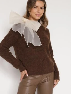 Brązowy Sweter z Domieszką Wełny z Ozdobnym Wiązaniem Tuselana bisou's project