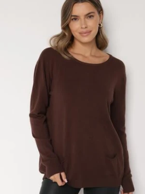 Brązowy Sweter z Kaszmirem i Ozdobnymi Kieszeniami Sanarea