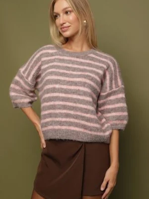 Brązowy Sweter z Wełną i Bufiastymi Rękawami w Paski Kaonne jumelle
