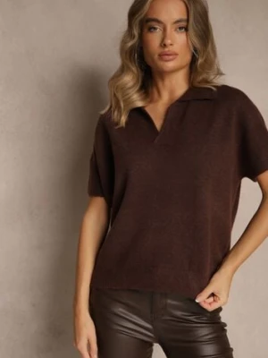 Brązowy Sweter z Wełną z Krótkim Rękawem i Dekoltem V z Kołnierzem Tevirna acajo