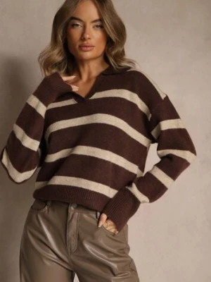 Brązowy Sweter z Wełną Zdobiony Kołnierzykiem i Wzorem w Paski Tevila acajo