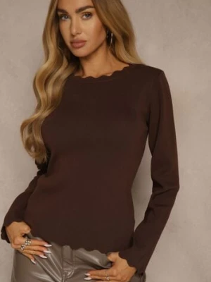 Brązowy Sweter z Wiskozą i Ozdobną Falbanką Mevidella