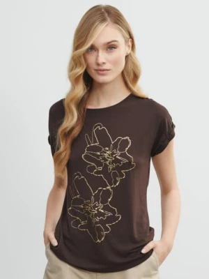 Brązowy T-shirt damski z kwiatowym printem OCHNIK