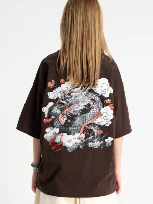 Brązowy t-shirt OVERSIZE z autorską grafiką z tyłu Reporter