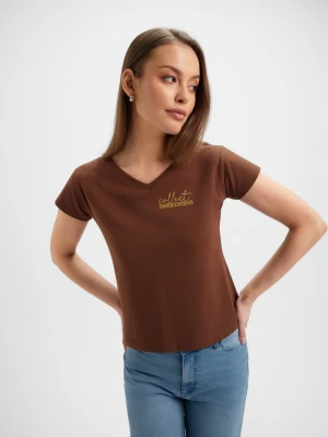 Brązowy t-shirt z dekoltem w serek TOP SECRET