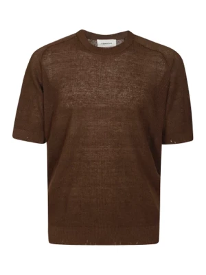 Brązowy T-shirt z lnianego materiału z krótkimi rękawami Atomofactory