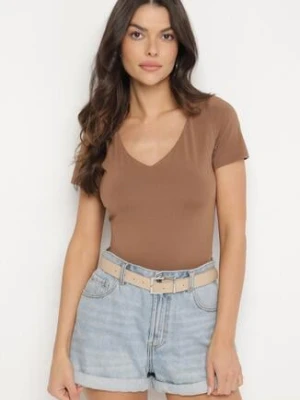 Brązowy T-shirt z Wiskozą o Dopasowanym Kroju z Dekoltem w Serek Folarisse by swan