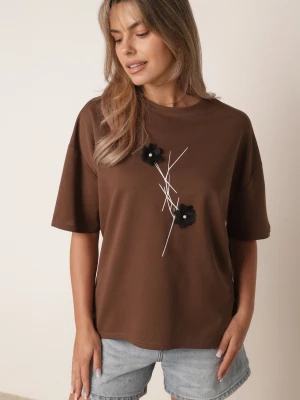 Brązowy T-shirt z Wiskozy z Perełkami i Kwiatami 3D Rossalie Rosse Line