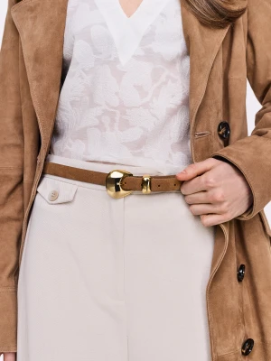 Brązowy wąski pasek skórzany z ozdobną sprzączką TARANKO