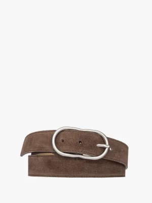 Brązowy welurowy pasek damski ze srebrną klamrą Ryłko