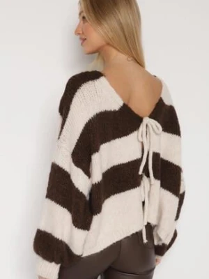 Brązowy Wiązany Kardigan Oversize w Paski z Dodatkiem Wełny i Wiskozy Retire