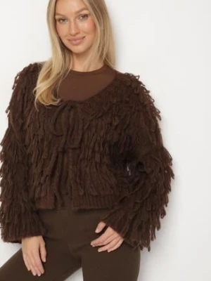 Brązowy Wiązany Kardigan z Dodatkiem Wełny i Wiskozy Zdobiony Frędzlami Tiravea jumelle