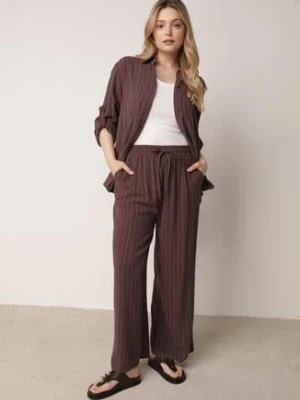 Brązowy Wiskozowo-Lniany Komplet w Paski Koszula i Szerokie Spodnie Terasea m&d fashion