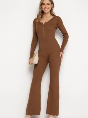 Brązowy Wiskozowy Kombinezon Bodycon z Prążkowaniem i Suwakiem Alnorema elsa.m by may