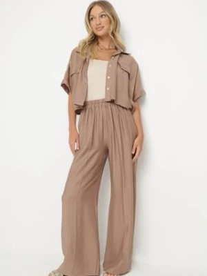 Brązowy Wiskozowy Komplet 2-Częściowy Luźna Koszula Spodnie z Szerokimi Nogawkami Ulvitela