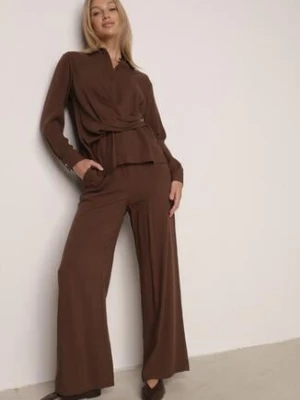 Brązowy Wiskozowy Komplet Asymetryczna Koszula i Spodnie z Kieszeniami Moneia