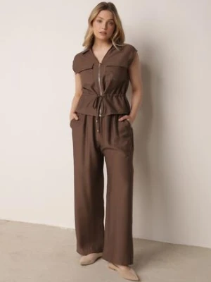 Brązowy Wiskozowy Komplet w Stylu Safari Spodnie i Bluzka na Suwak z Wiązaniem Iphisei cflo
