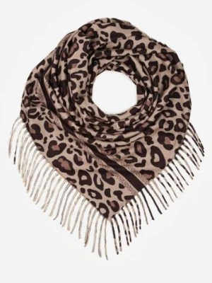 Brązowy Wiskozowy Szalik w Panterkę Wykończony Frędzlami Alefera