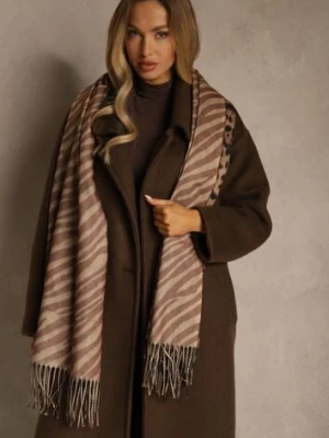 Brązowy Wiskozowy Szalik w Panterkę z Frędzlami Feriella