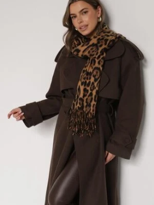 Brązowy Wiskozowy Szalik w Panterkę z Frędzlami Vetivada