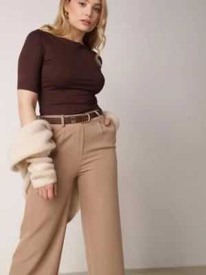 Brązowy Wiskozowy T-shirt o Dopasowanym Kroju z Dekoltem w Łódkę Idahphaeia