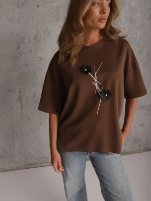 Brązowy Wiskozowy T-shirt Ozdobiony Kwiatami i Perełkami Muvine Rosse Line