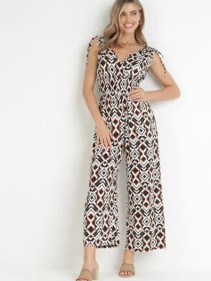 Brązowy Wzorzysty Kombinezon z Kopertowym Dekoltem i Gumką w Pasie z Wiskozy Kathla sweet&girl