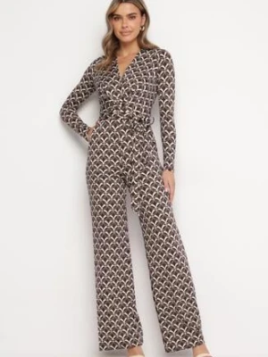 Brązowy Wzorzysty Kombinezon z Trójkątnym Dekoltem i Paskiem w Talii Ronela by swan