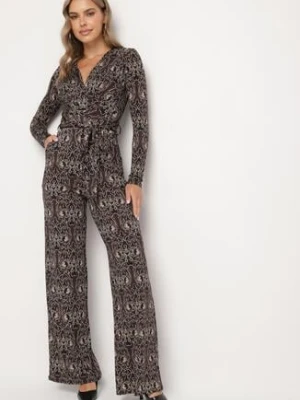 Brązowy Wzorzysty Kombinezon z Wiskozą o Kopertowym Kroju Mesicea by swan