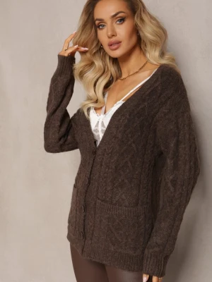 Brązowy Zapinany Kardigan z Trójkątnym Dekoltem i Warkoczykowy Splot Juessa Wool Fashion